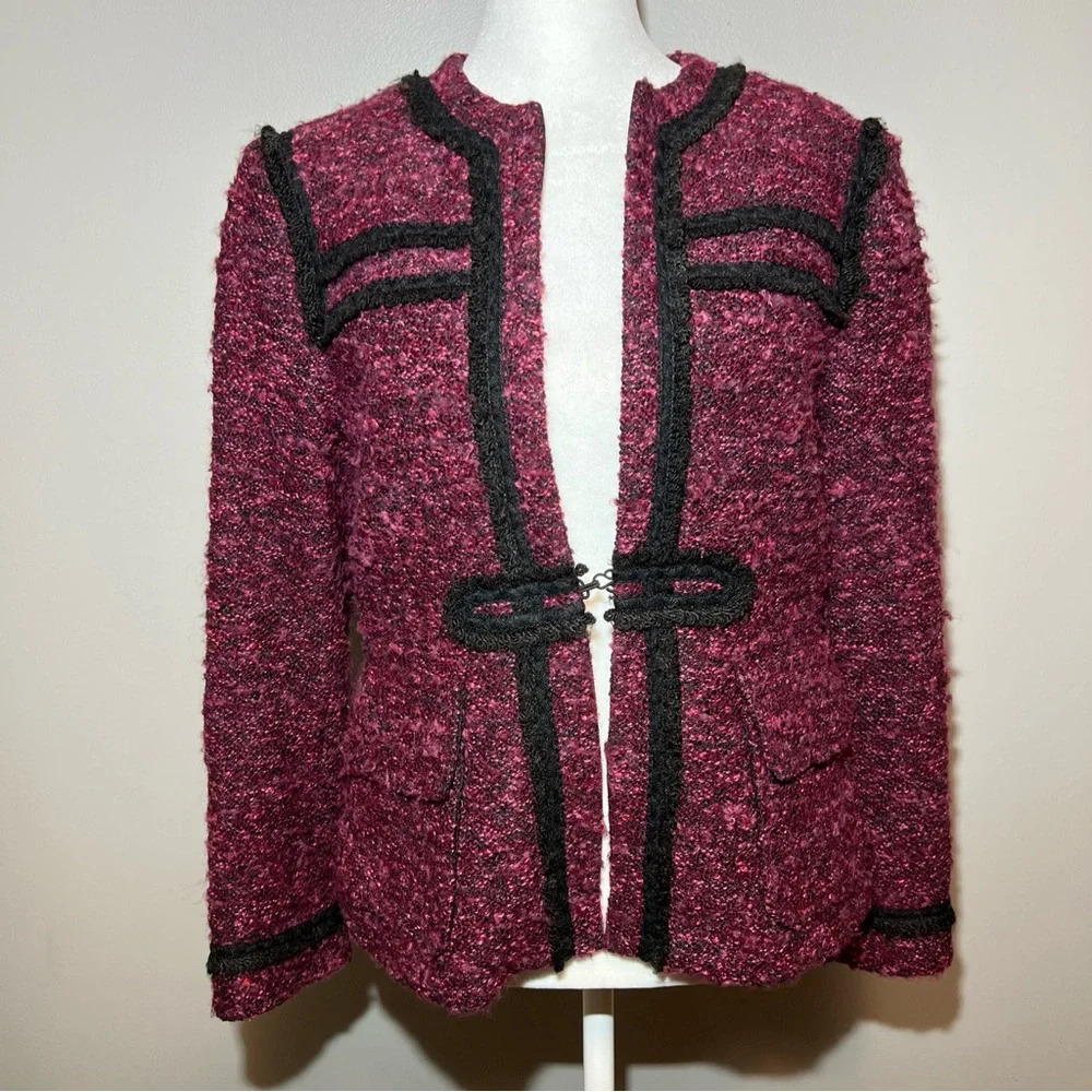 NANETTE LEPORE Tweed Blazer Jacket  Size 6 Plum Black Wool Blend Lined